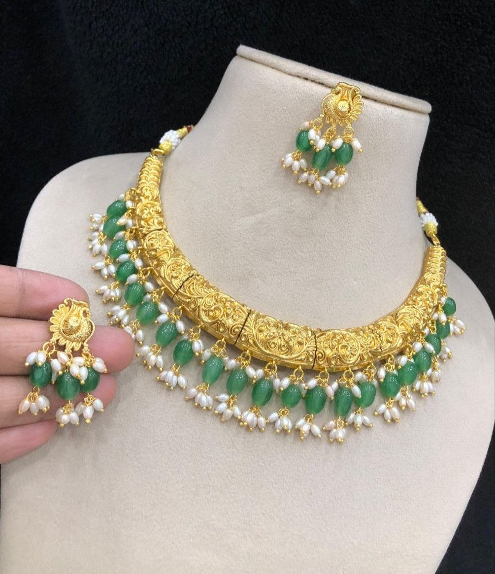 Antique Semiprecious Beads Hanging Pipe Necklace set - Green